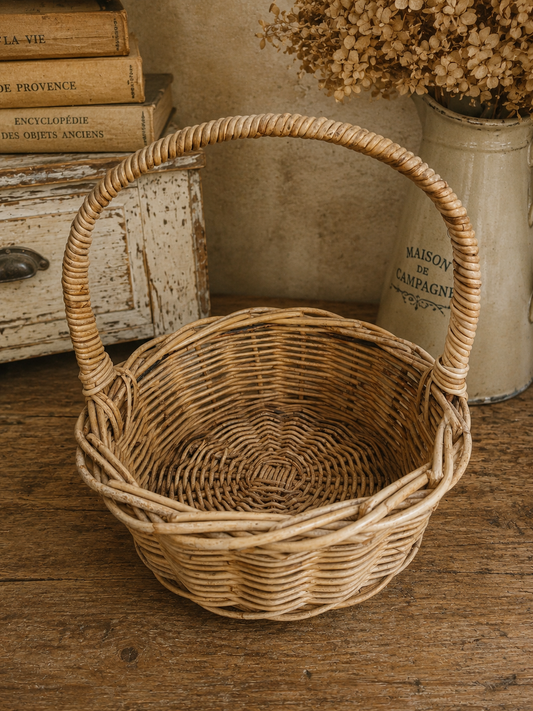 Vintage Handwoven Willow Basket with Large Handle | Rustic Country Storage Basket | French Farmhouse Decor photograph 2