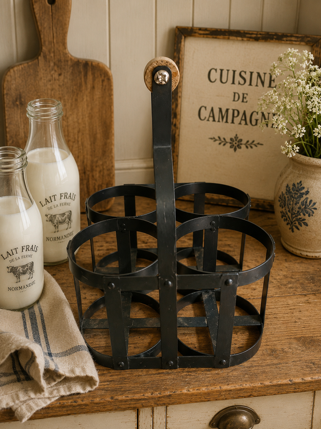 Rustic Metal Milk Bottle Carrier with Wooden Handle – Four Bottle Farmhouse Crate photograph 2