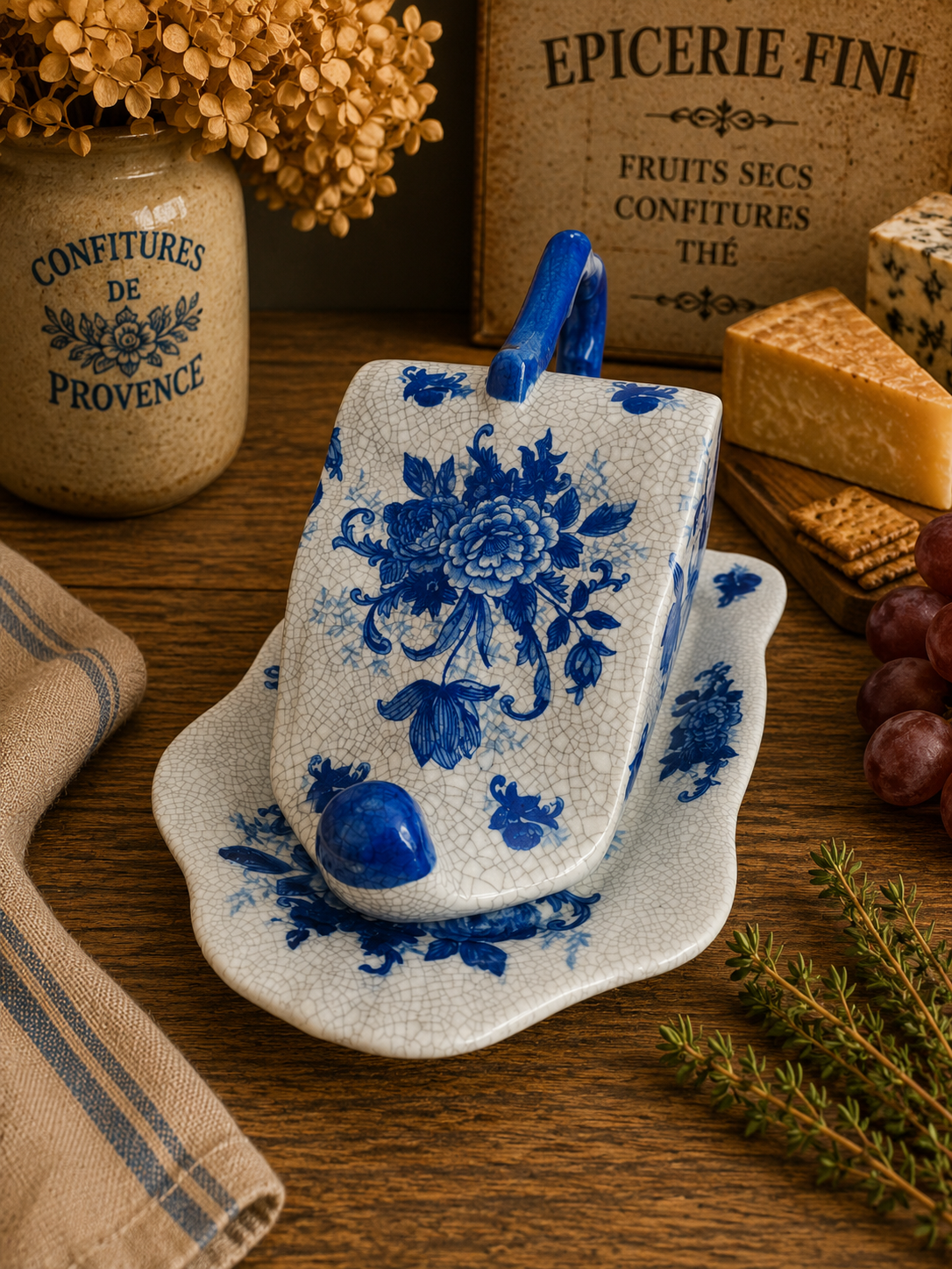 Vintage Blue & White Ceramic Cheese Dish & Cover – Floral Cheese Keeper with Branch Handle photograph 2