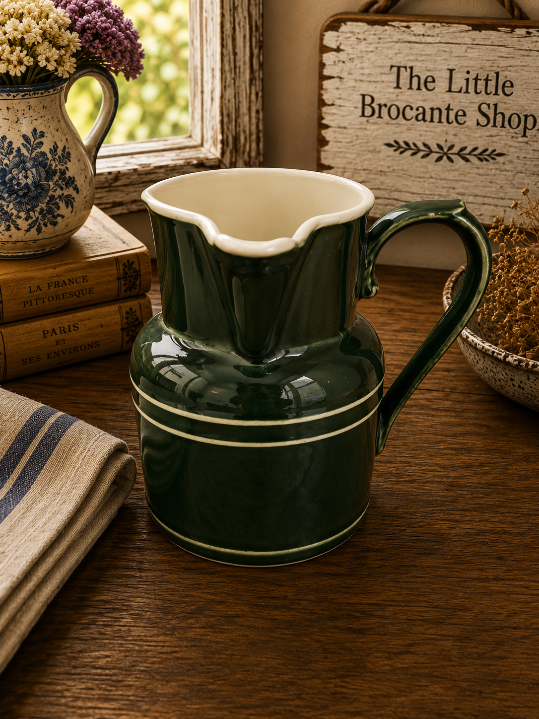 Vintage Pillivuyt France Green Ceramic Milk Jug | French Country Cream Pitcher | Rustic Farmhouse Kitchen photograph 2