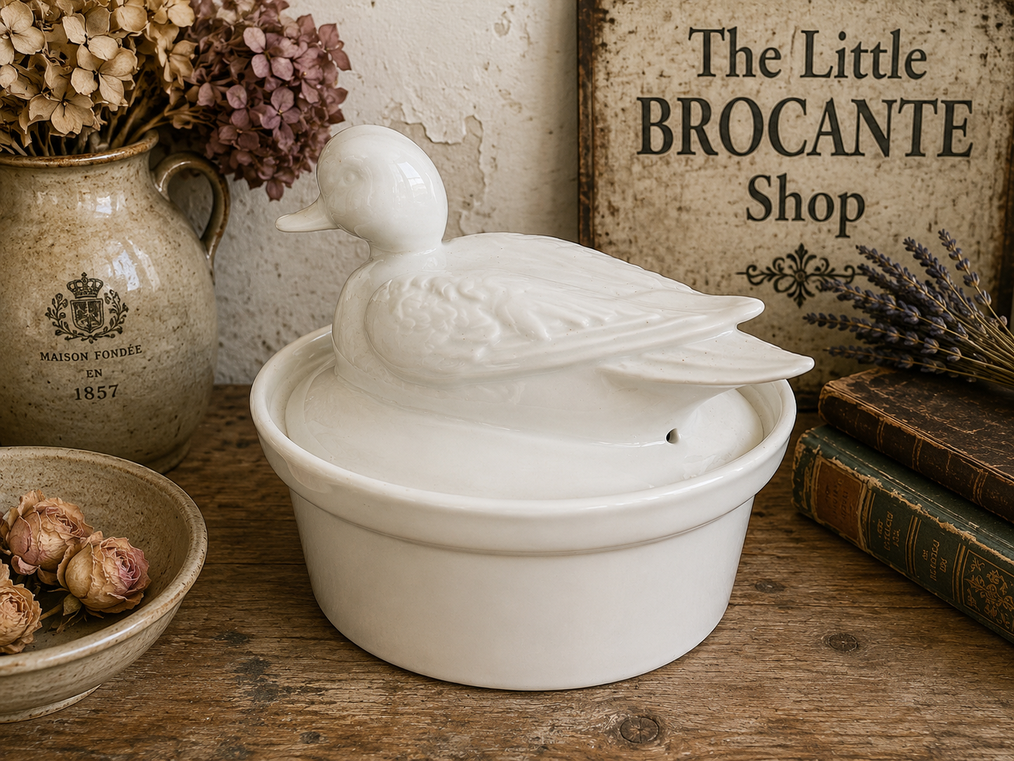 Vintage French White Duck Terrine – Ceramic Pâté Dish with Steam Vent | French Kitchenware photograph 2