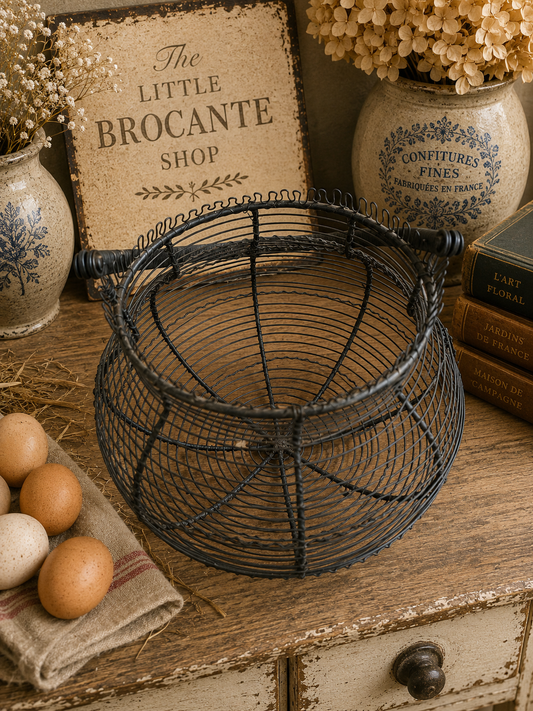 Vintage Black Wire Egg Basket with Folding Handle | French Farmhouse Kitchen Basket photograph 2