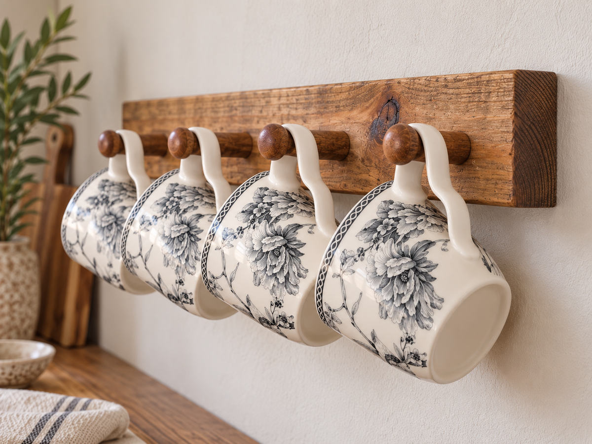 Handmade wooden mug rack displaying four ceramic mugs in a rustic kitchen