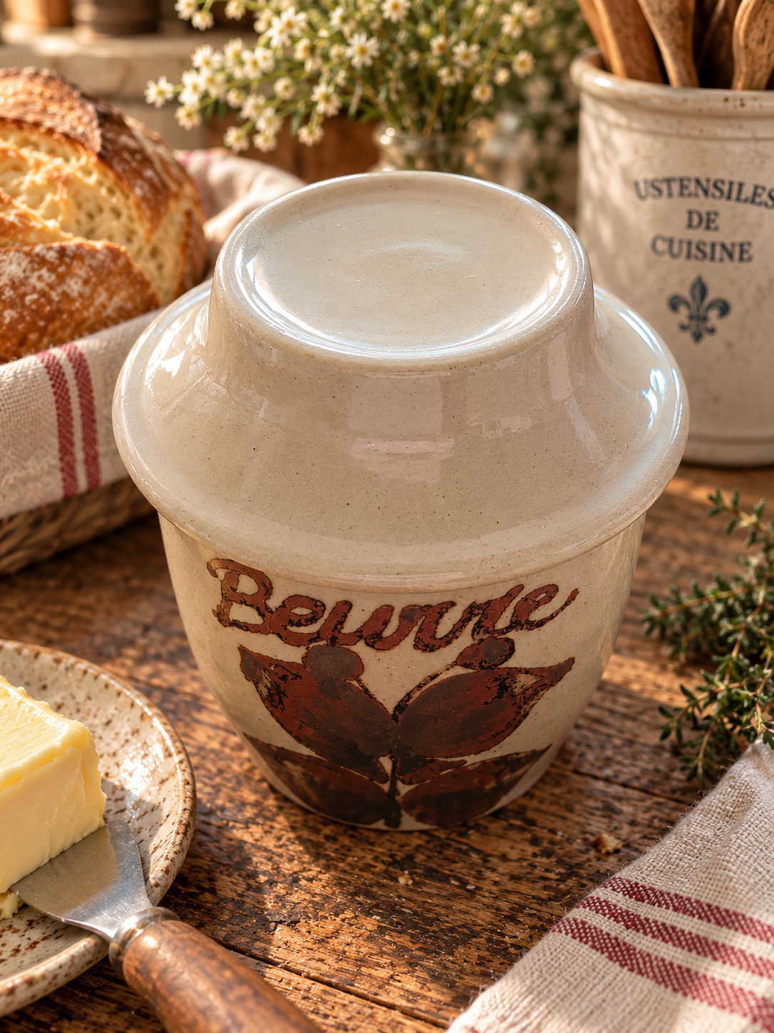 Vintage French Beurre butter keeper by Grès de l’Arnon in cream stoneware