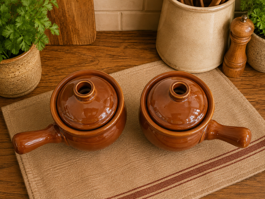Pair of Vintage Brown Stoneware Lidded Cooking Pots photograph 2