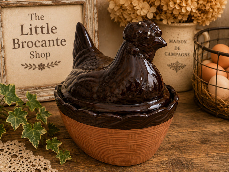 Brown Glazed Hen-on-Nest Covered Bowl – Terracotta Egg Holder (One of a Kind) photograph 3