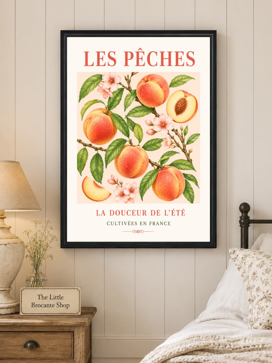 Les Pêches – Illustrated French Peach Print | French Kitchen Wall Art, Illustrated French, Botanical, French Country, Fruit Illustration, Orchard Inspired, Country Kitchen, Cottage Style, Provence Inspired wall artwork.