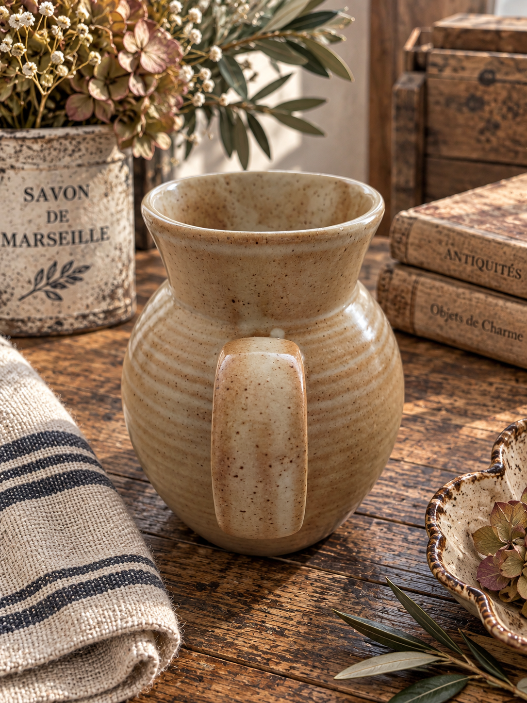 Vintage French Grès Stoneware Jug – Speckled Beige Rustic Pottery Pitcher photograph 3