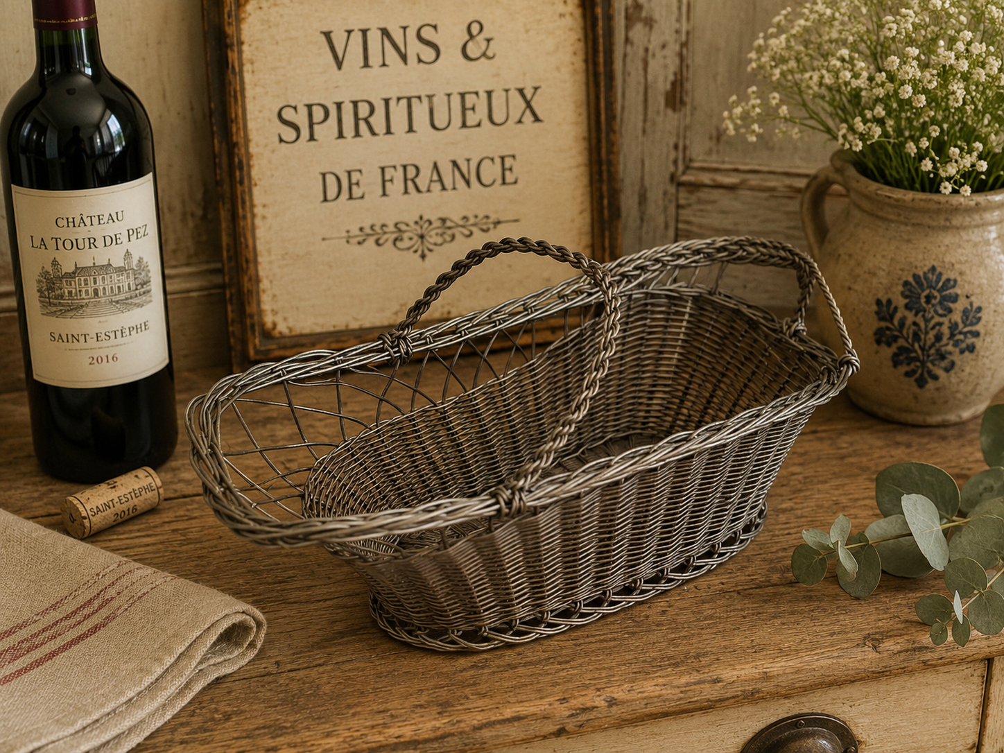 French Style Wire Wine Bottle Carrier Basket | Rustic Metal Bottle Holder | French Country Kitchen Decor photograph 3