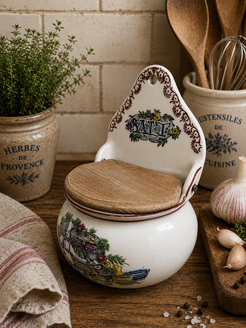 Vintage Aksini Denmark Wall Mounted Ceramic Salt Pot | Farmhouse Kitchen Salt Box with Wooden Lid photograph 3