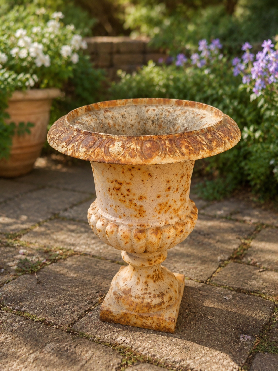 Pair of Vintage Cast Iron Garden Urns – Rustic French Country Planters photograph 3