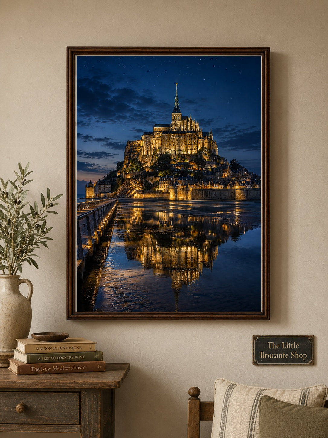 Mont Saint-Michel at Night – Illuminated Normandy Print | French Coastal Wall Art, French Country, Contemporary French, Classic European, Dark Academia, Heritage, Traditional, Modern Country, Moody Interior, Coastal, Rustic European, Contemporary wall artwork.