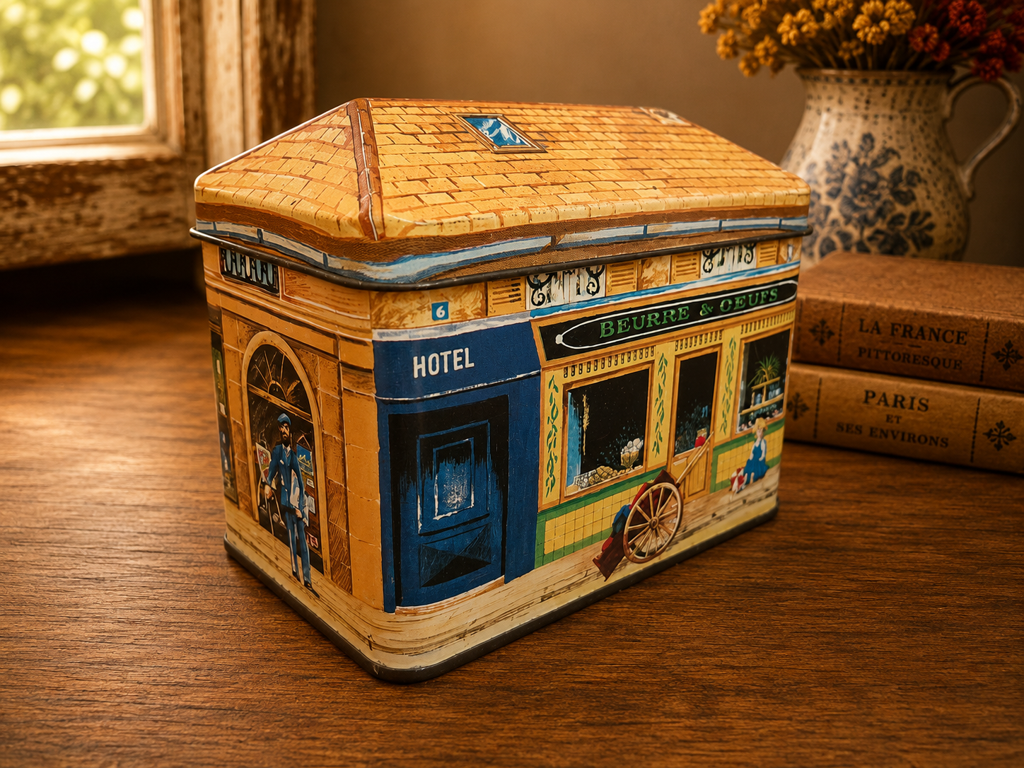 French Café Tabac Decorative Metal Storage Tin | Paris Street Scene Tea & Biscuit Tin photograph 3