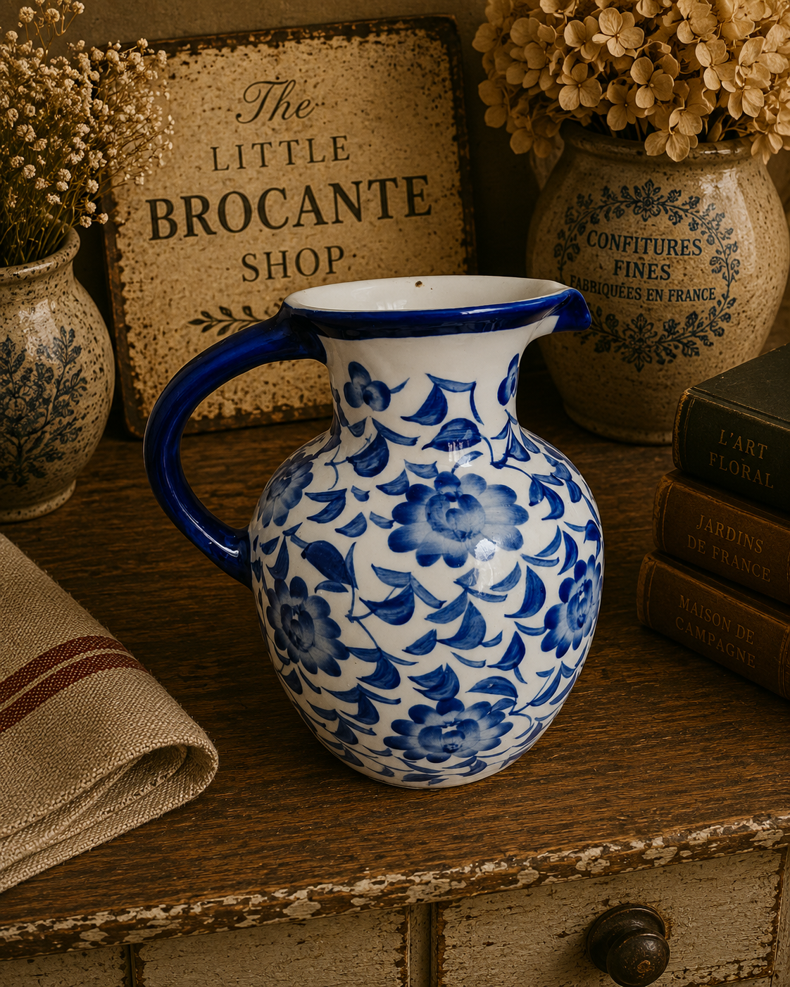 Vintage Blue & White Floral Ceramic Jug | Delft Style Water Pitcher | Cottage & French Country Vase photograph 3