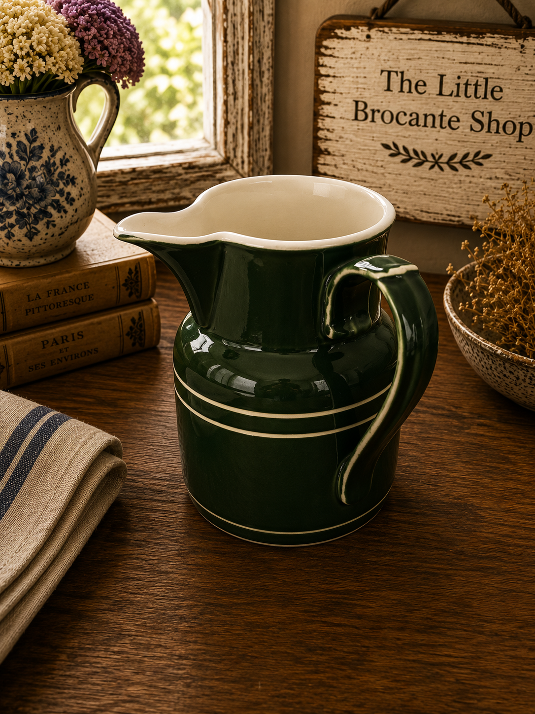 Vintage Pillivuyt France Green Ceramic Milk Jug | French Country Cream Pitcher | Rustic Farmhouse Kitchen photograph 3