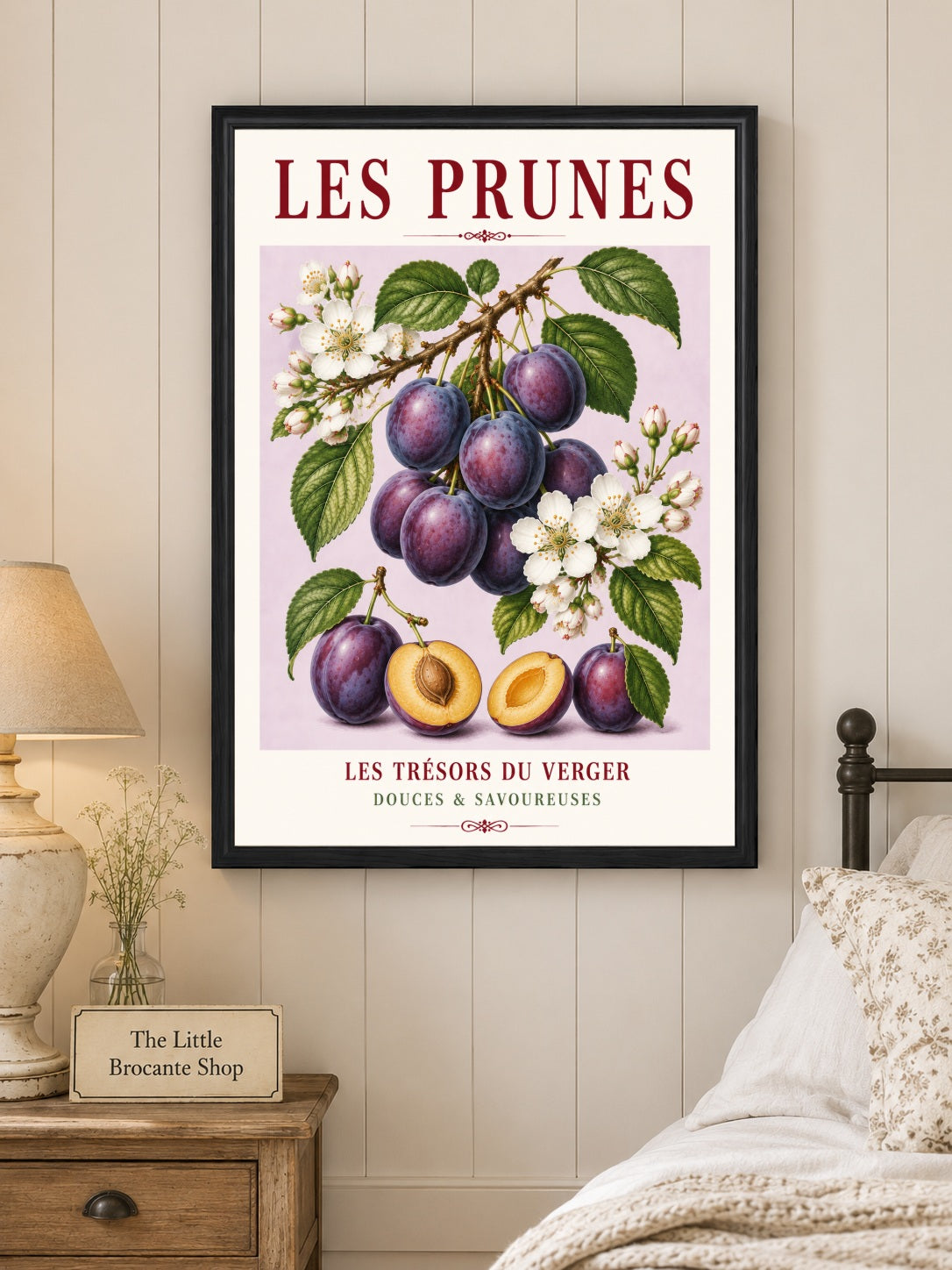Illustrated French Plum Print - Les Prunes | French Kitchen Wall Art, Illustrated French, Botanical, French Country, Fruit Illustration, Orchard Inspired, Country Kitchen, Cottage Style, French Inspired wall artwork.
