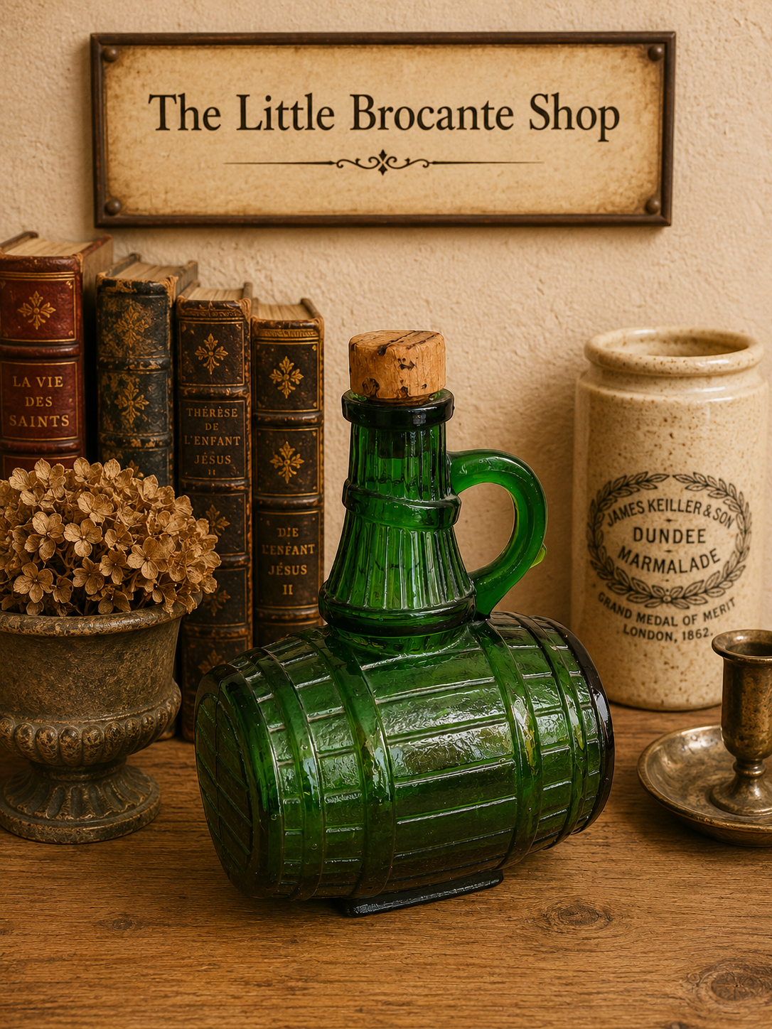 Vintage Green Glass Barrel Decanter with Cork Stopper | Rustic Wine Bottle photograph 3