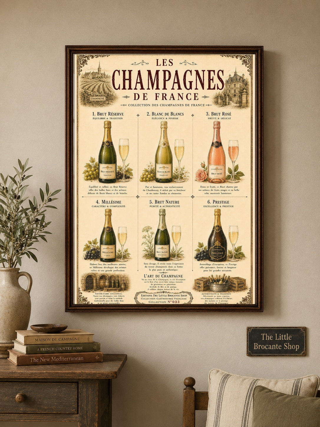 Les Champagnes de France Vintage French Champagne Print | Bar & Dining Room Wall Art, French country wall artwork.