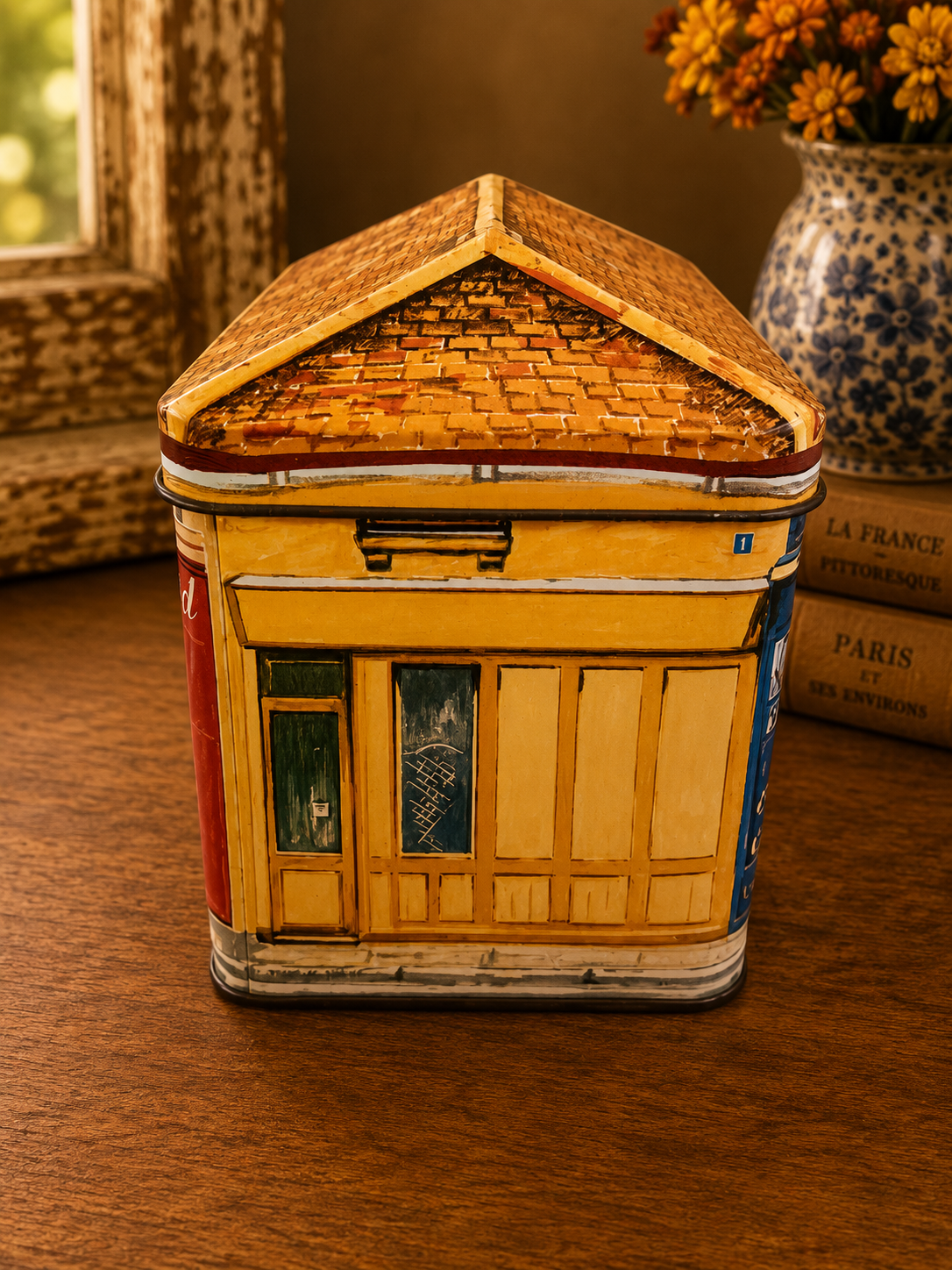 French Village House Metal Storage Tin | Confiserie & Antiquités Decorative Tin photograph 3