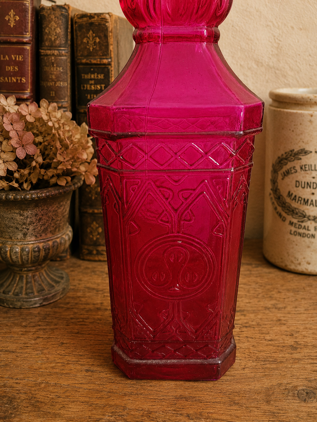 Pink Embossed Glass Decorative Bottle with Cork Stopper | Vintage Style Decanter photograph 3