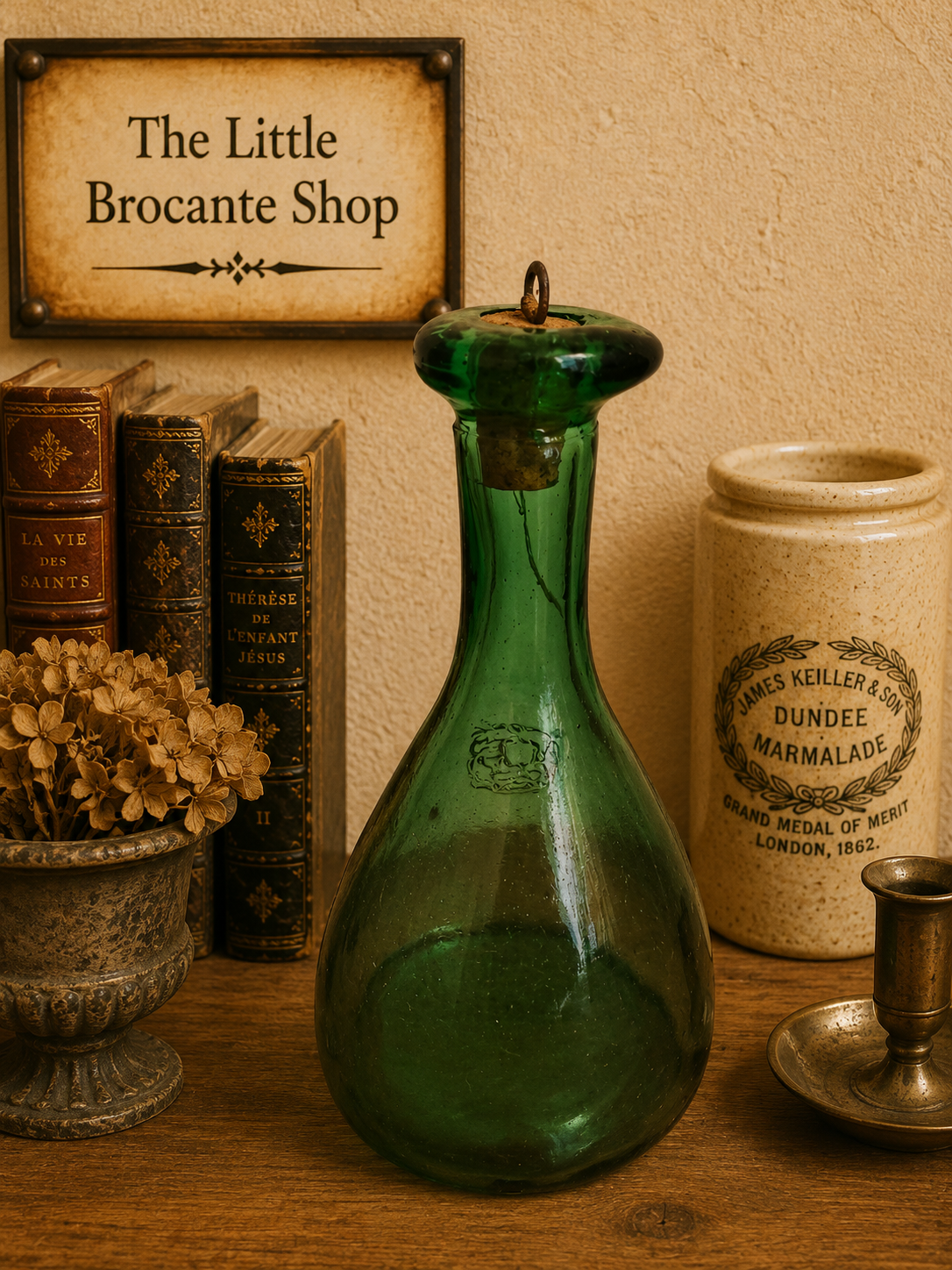 A wonderfully characterful vintage green glass carafe or bottle, with a beautiful deep emerald colour and an unusual elongated teardrop shape. photograph 3