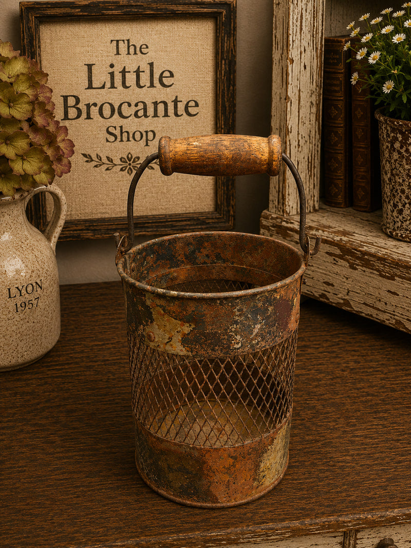 Vintage Indian Rustic Iron Jali Mesh Basket with Wooden Handle | Decorative Storage Pot photograph 3