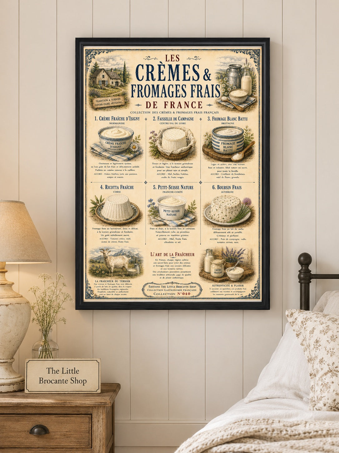 Les Crèmes & Fromages Frais – Vintage French Dairy Print | French Kitchen Wall Art, French Country, French Farmhouse, Cottagecore, Rustic Country, Traditional Kitchen, Brocante, Vintage, European Farmhouse, Provincial French, Country Cottage, Blue & White Kitchen wall artwork.