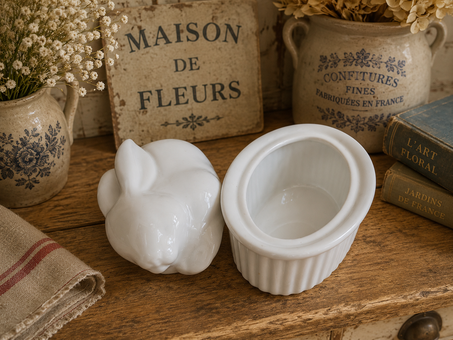 White Ceramic Rabbit Covered Terrine | French Country Kitchen Bunny Dish | Decorative Rabbit Pot photograph 3