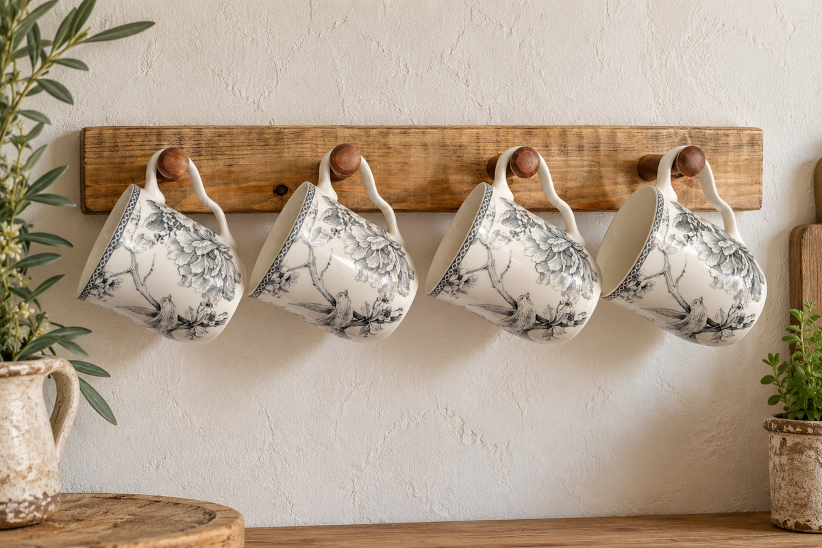 Rustic 60cm wooden wall mug holder with four mugs hanging from wooden pegs