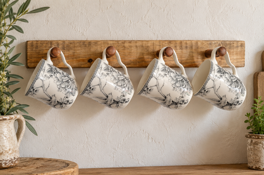 Rustic 60cm wooden wall mug holder with four mugs hanging from wooden pegs