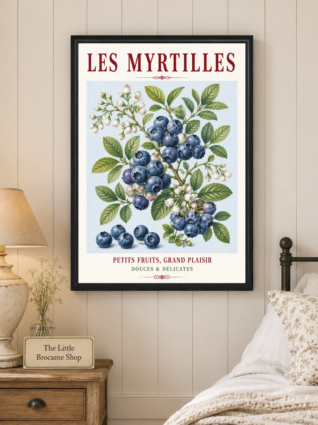 French Blueberry Print - Les Myrtilles | French Kitchen Wall Art, Illustrated French, Botanical, French Country, Fruit Illustration, Country Kitchen, French Countryside, Cottage Style, Botanical Wall Art wall artwork.
