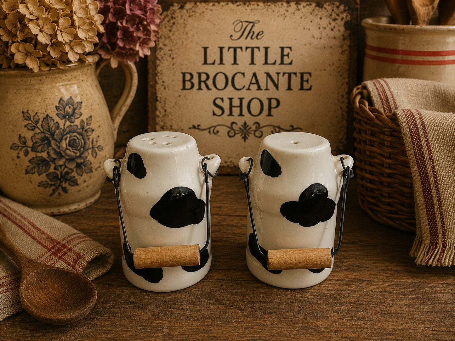 Cow Print Salt & Pepper Pots with Wooden Handles | Sel & Poivre French Country Kitchen Set photograph 3