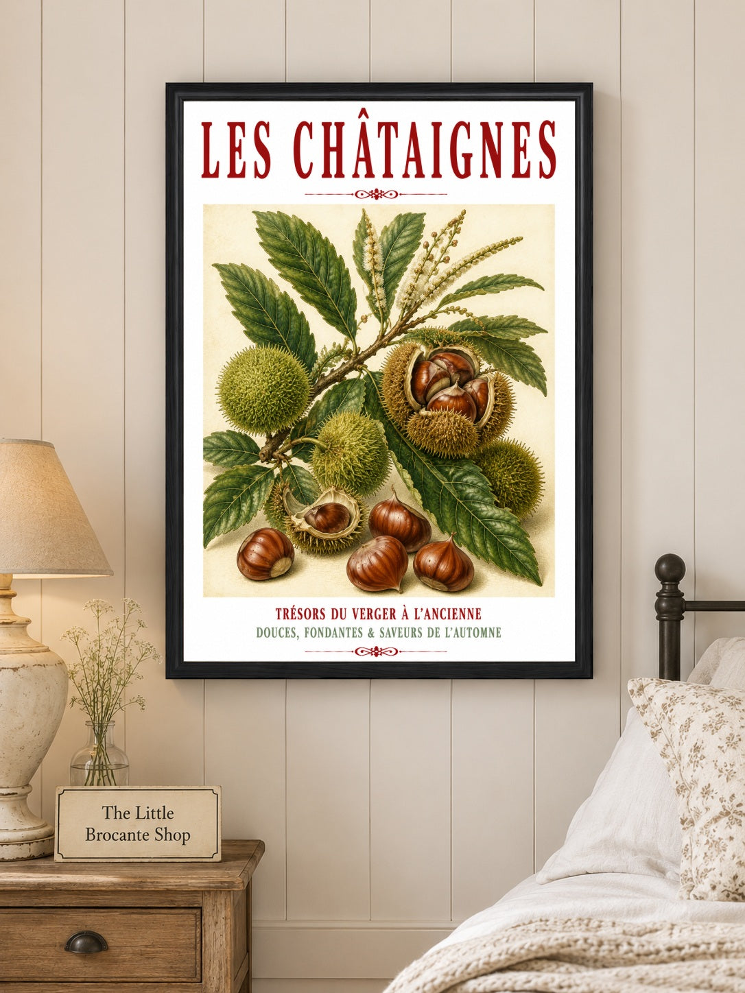 Illustrated French Chestnut Print | French Kitchen Wall Art, Illustrated French, Botanical, French Country, Rustic, Autumnal, Woodland Botanical, Traditional Botanical Illustration, French Kitchen, Country Kitchen, Cottage Style wall artwork.