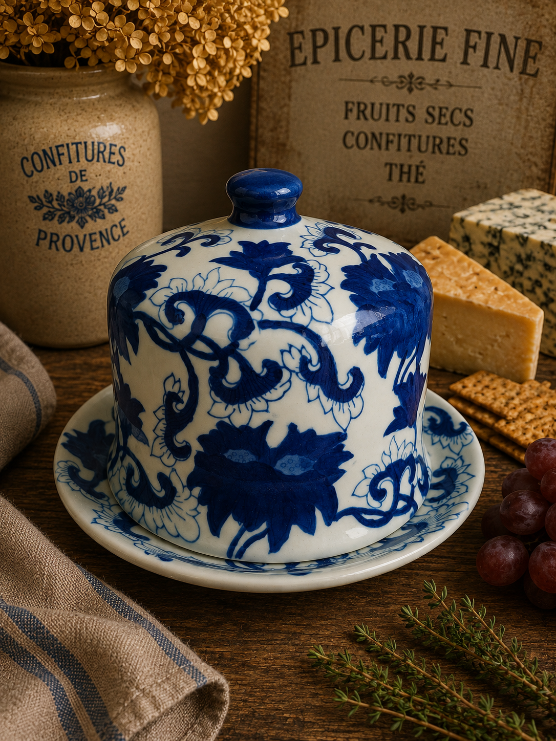 Antique Staffordshire Blue & White Cheese Dome & Plate – 19th Century Floral Cheese Cloche photograph 3