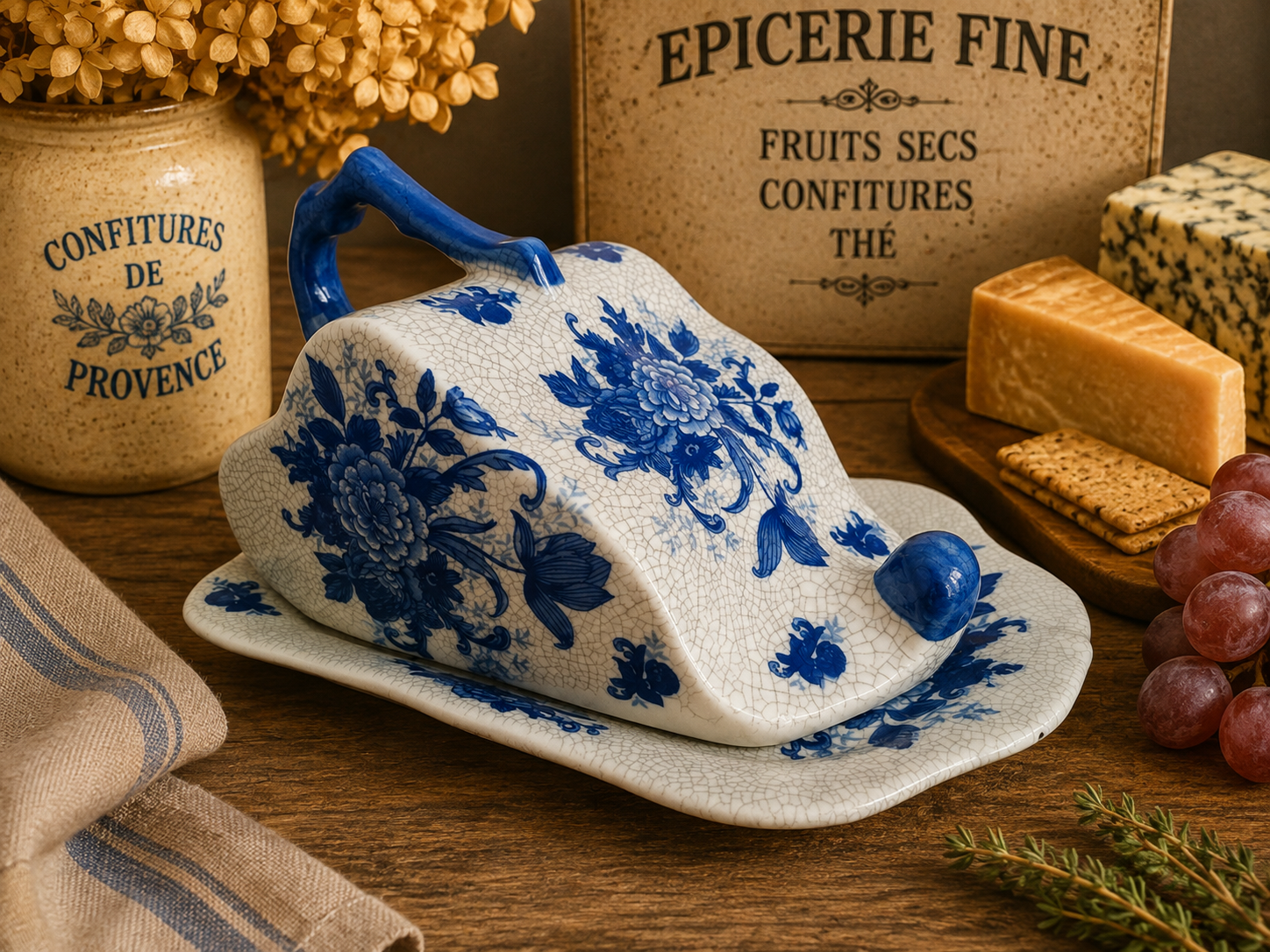 Vintage Blue & White Ceramic Cheese Dish & Cover – Floral Cheese Keeper with Branch Handle photograph 3