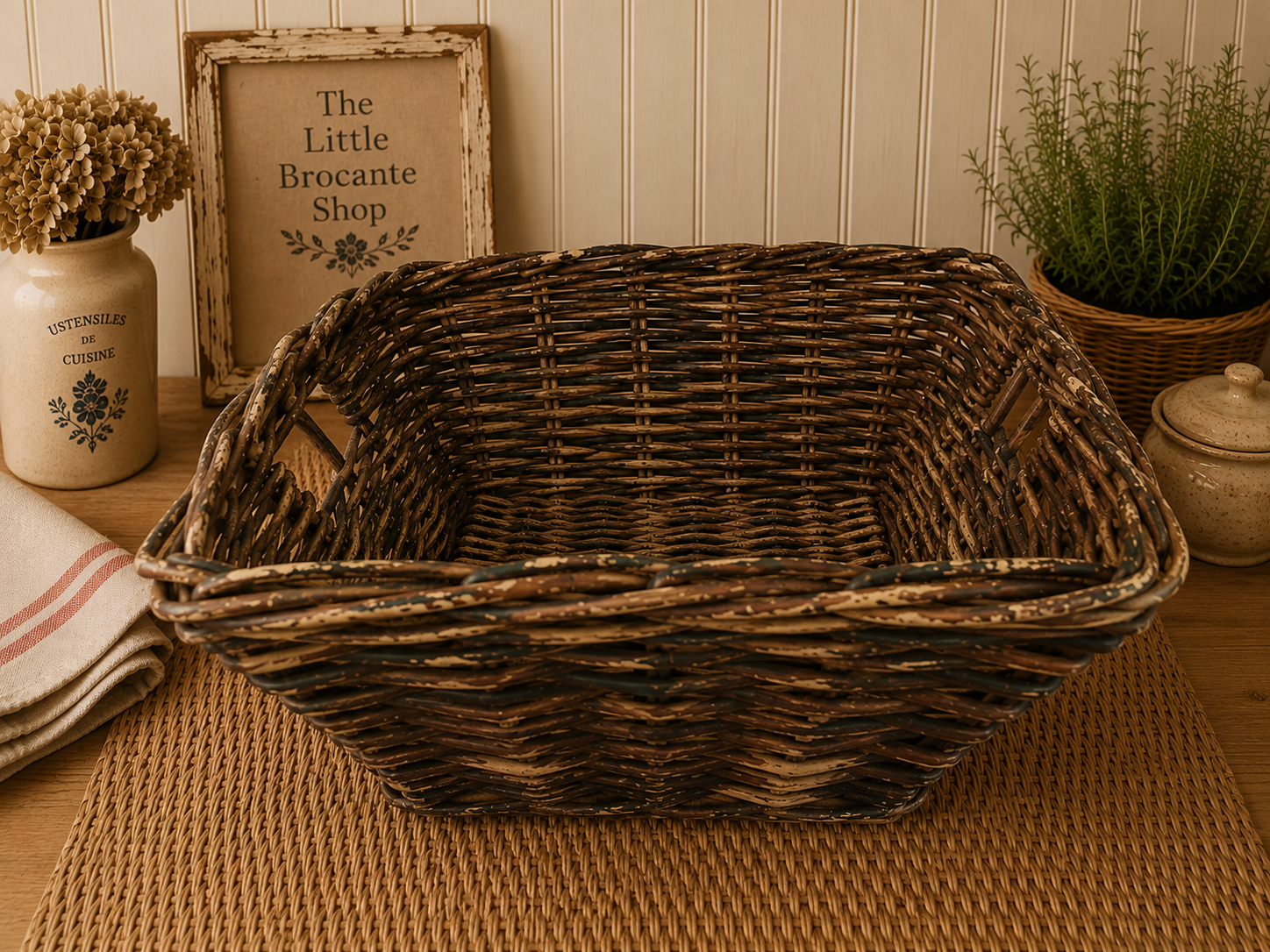 Vintage Dark Willow Storage Basket | Rustic French Country Wicker Basket | Farmhouse Display Basket photograph 3