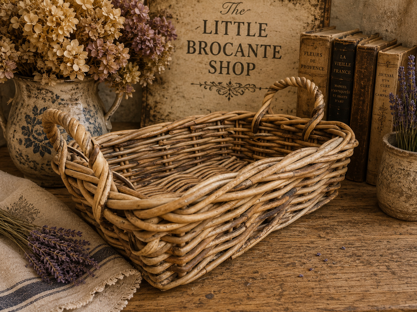 Vintage Rustic Handwoven Willow Basket with Twisted Handles | French Country Storage Basket photograph 3