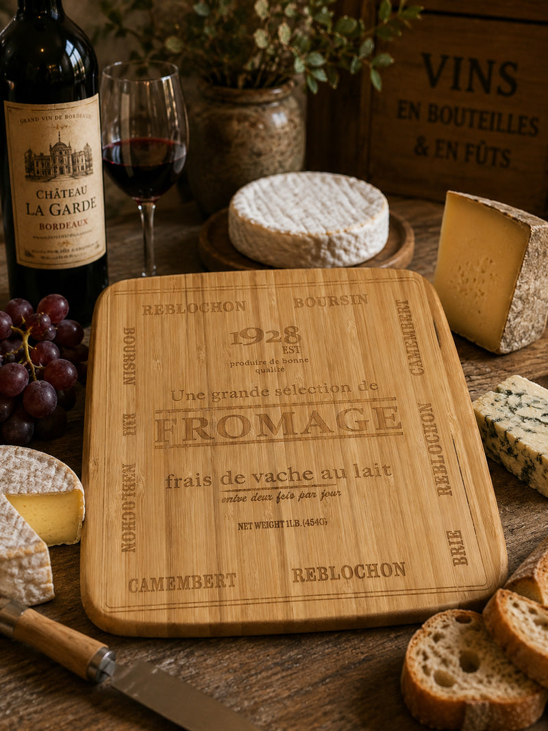 French Engraved Cheese Board & Knife Set – Sliding Drawer Serving Board photograph 3