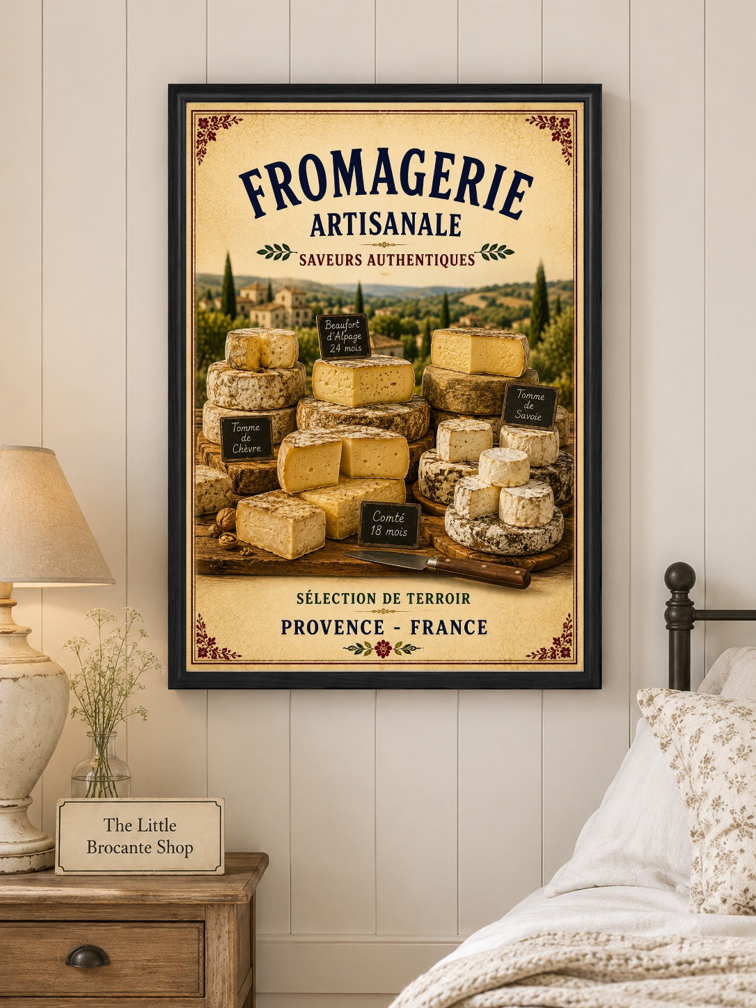 Fromagerie Artisanale – Vintage French Cheesemonger, French Country
Provence
Rustic Farmhouse
Brocante
Cottagecore
Mediterranean
Country Kitchen
Rustic Chic
Vintage European
Traditional
French Provincial
Old World
Continental
Artisan Food Store Style wall artwork.