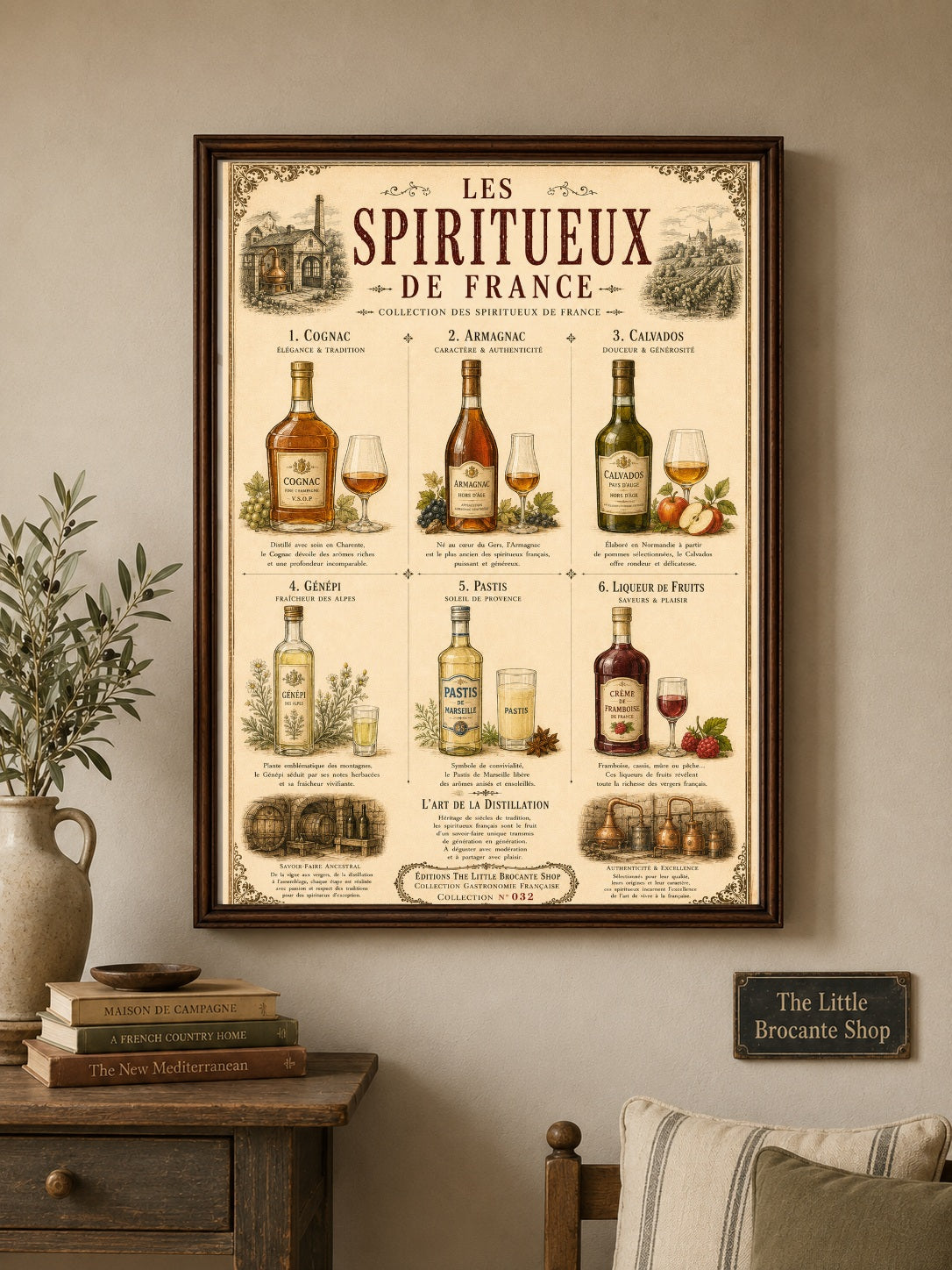 Les Spiritueux de France Vintage French Spirits Print | Bar & Kitchen Wall Art, French country wall artwork.