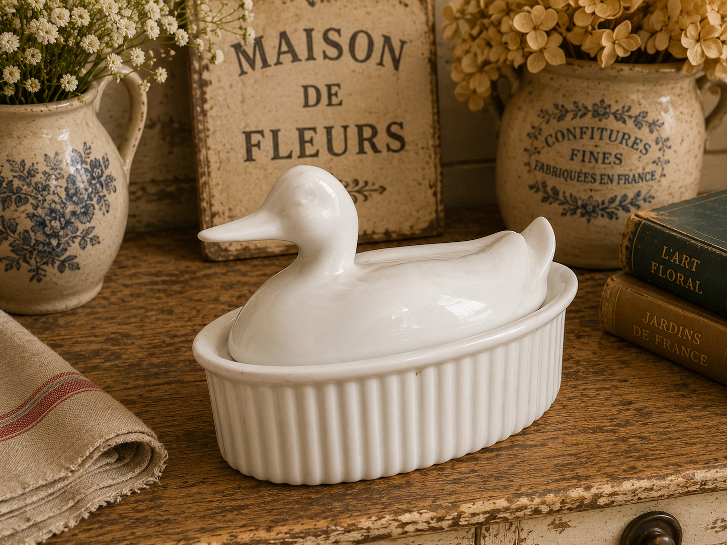 White Ceramic Duck Covered Terrine | French Country Kitchen Duck Dish | Decorative Ceramic Duck Pot photograph 3