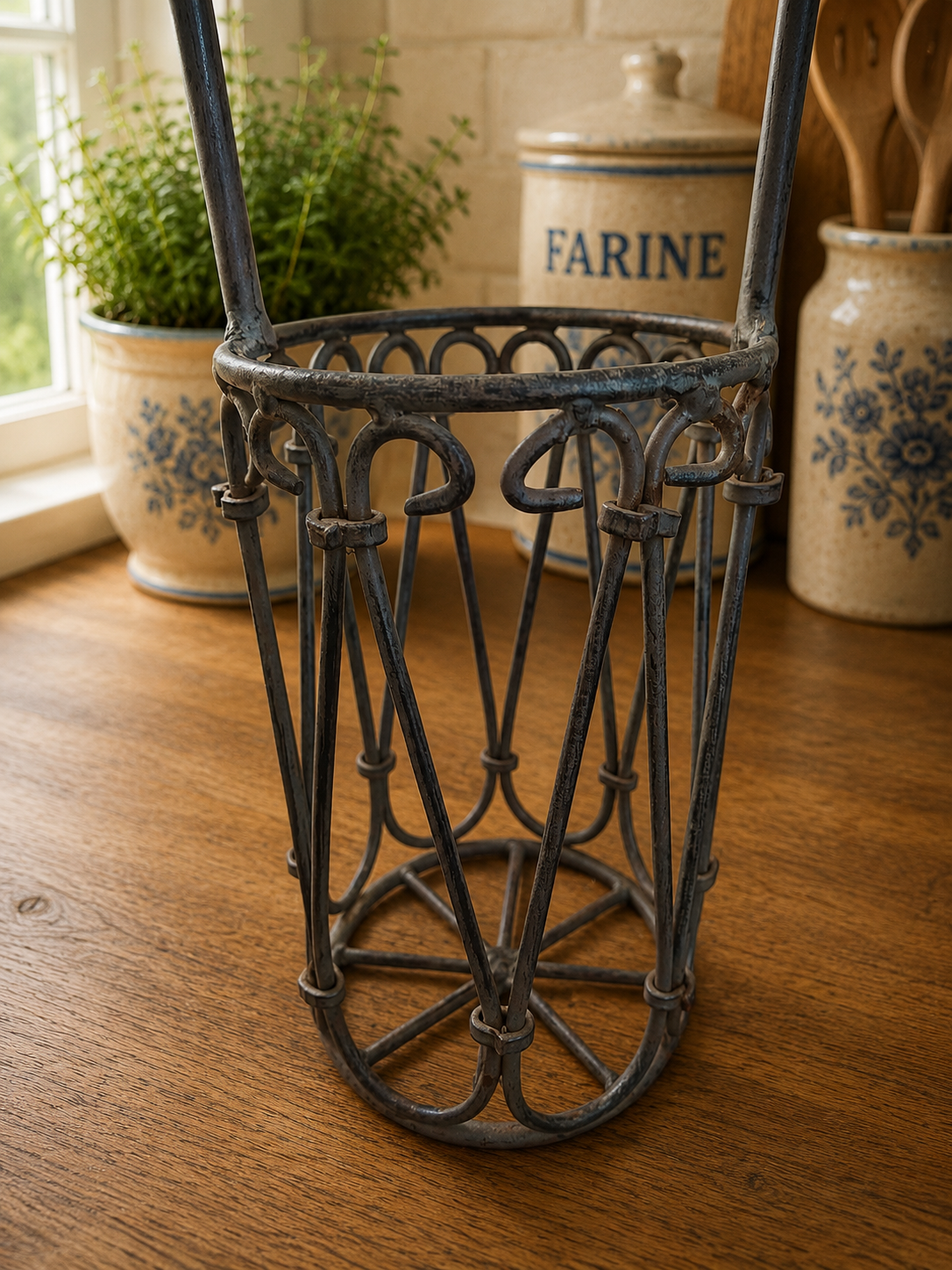 Vintage Wrought Iron Wine Bottle Holder | Rustic French Country Bottle Carrier photograph 3