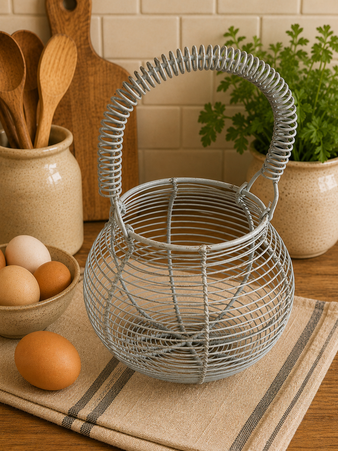 Vintage Wire Egg Gathering Basket – Blue Grey Farmhouse Egg Collecting Basket photograph 3