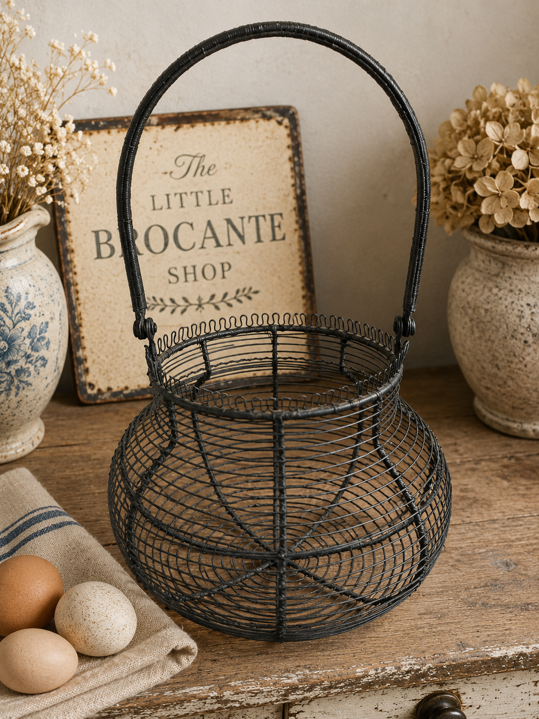 Vintage Black Wire Egg Basket with Folding Handle | French Farmhouse Kitchen Basket photograph 3