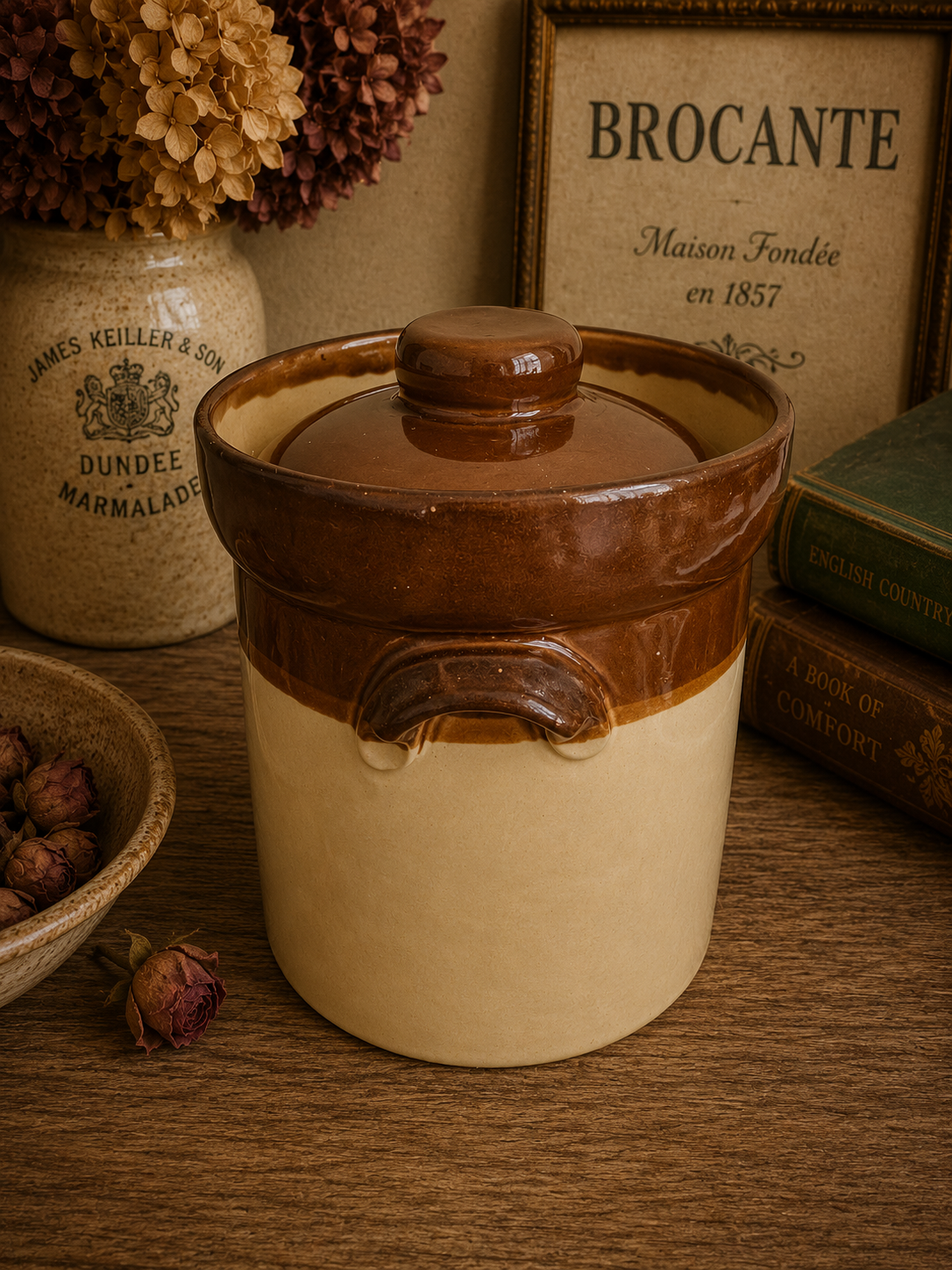 Vintage English Stoneware Lidded Storage Crock – Brown & Cream Country Kitchen Pot photograph 3