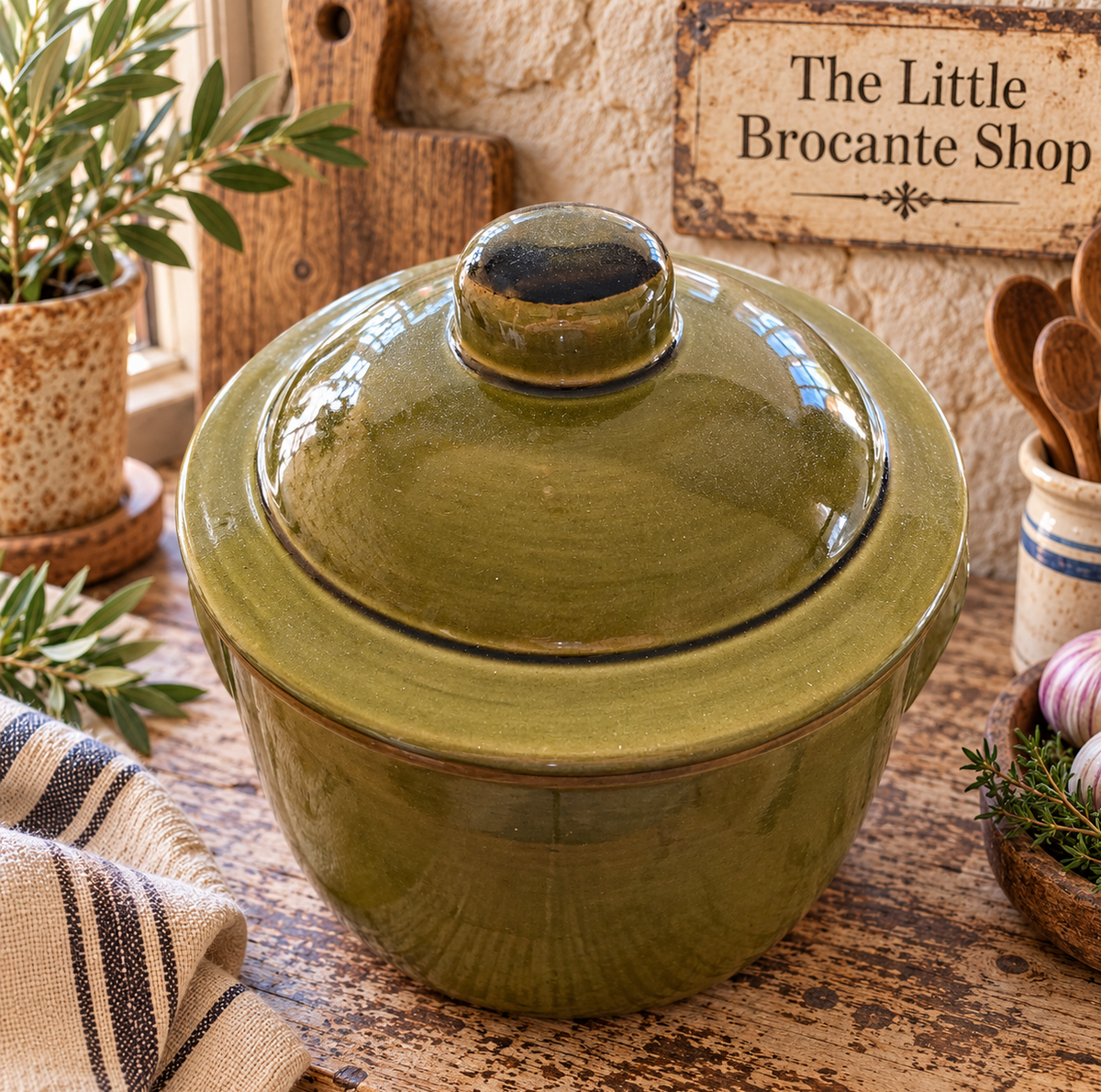 Vintage French Olive Green Stoneware Casserole Pot with Lid