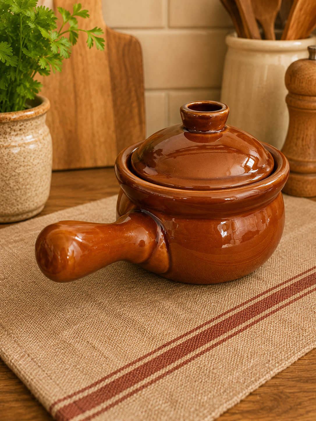Pair of Vintage Brown Stoneware Lidded Cooking Pots photograph 3