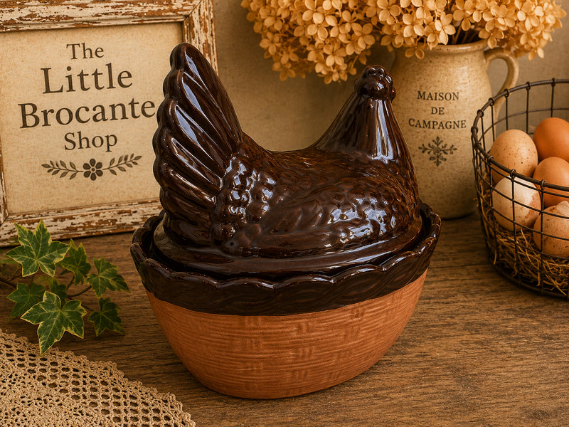 Brown Glazed Hen-on-Nest Covered Bowl – Terracotta Egg Holder (One of a Kind) photograph 4