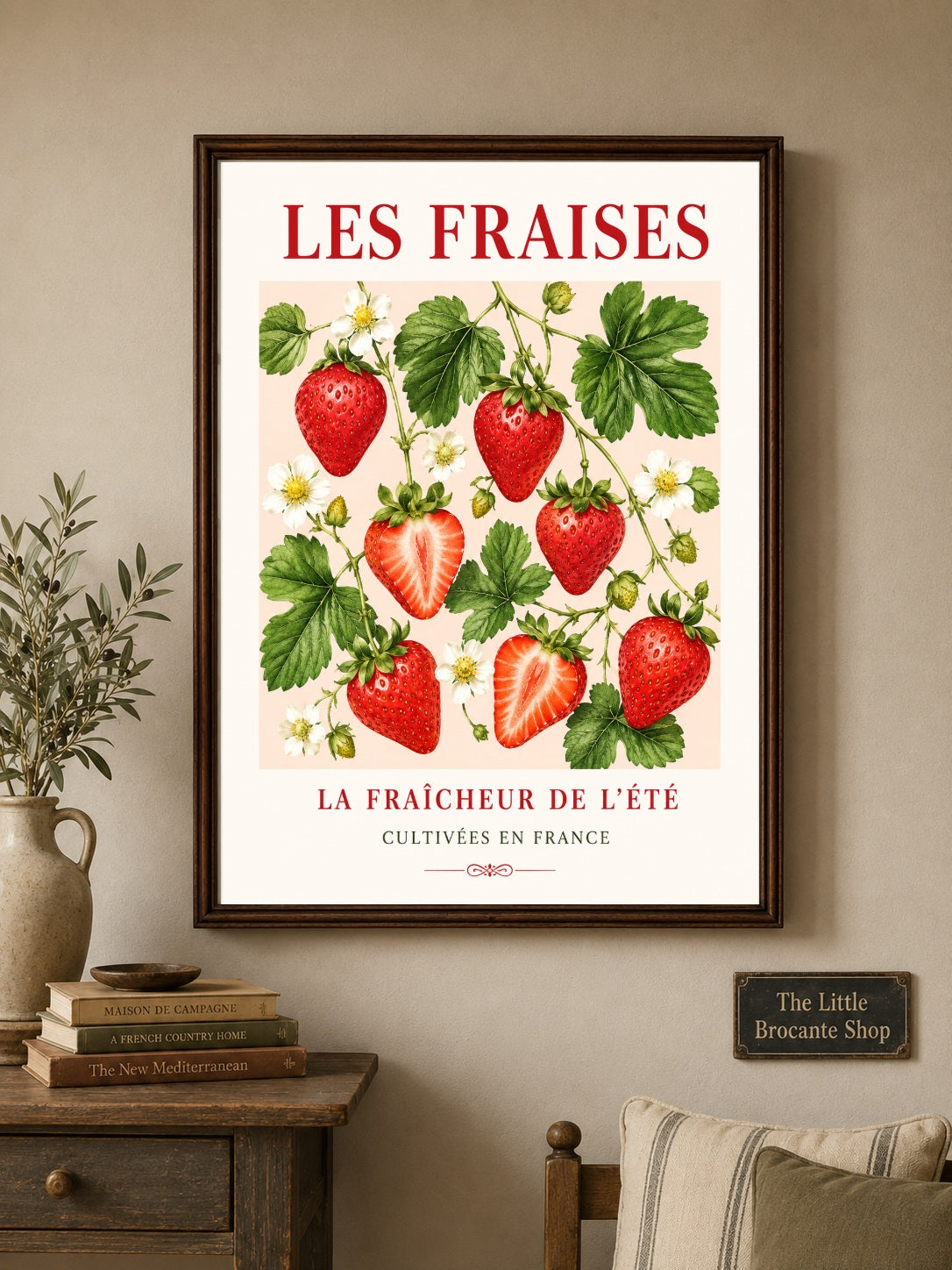 Les Fraises – French Strawberry Illustrated Print | French Fruit & Kitchen Wall Art, French Botanical, Illustrated French, French Country, Country Kitchen, Botanical Illustration, Cottage, European Kitchen, Fruit Art wall artwork.