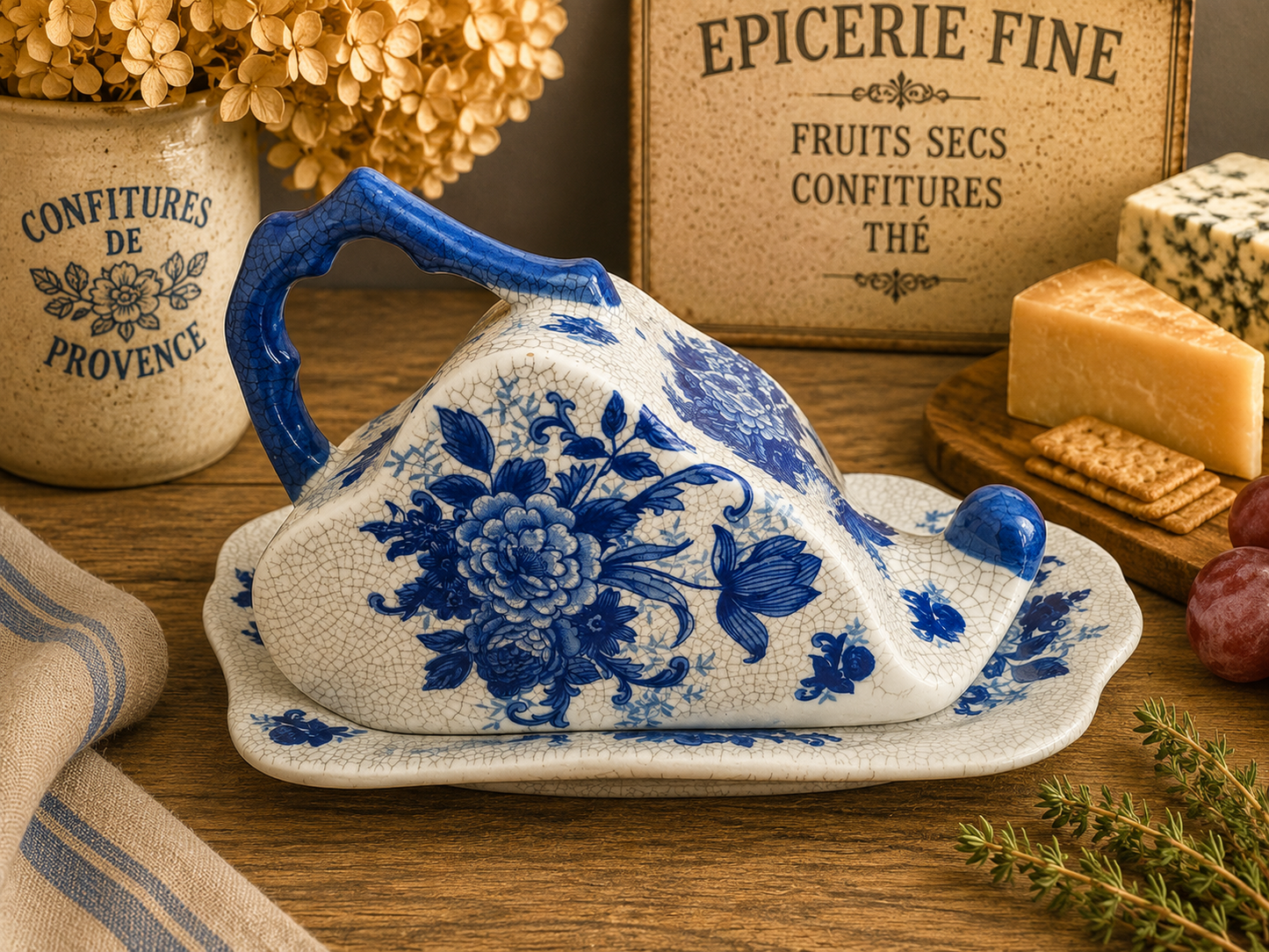 Vintage Blue & White Ceramic Cheese Dish & Cover – Floral Cheese Keeper with Branch Handle photograph 4